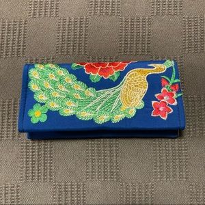Clutch Purse - handmade embroidered peacock & lotus royal blue